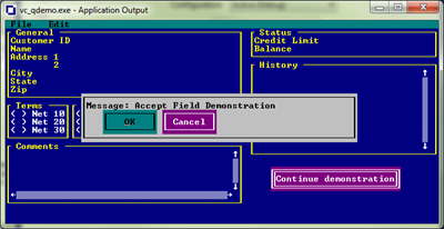 メッセージ「Accept Field Demonstration」に対する [OK] と [Cancel] のボタンが表示された vc_qdemo.exe の [Application Output] ウィンドウ