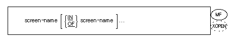 MF 方言および XOpen の場合：screen-name [ {IN or OF} screen-name ]